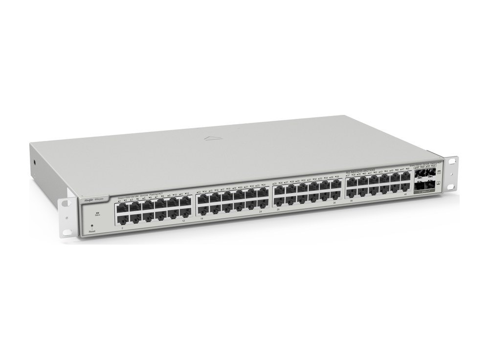 Switch Layer 3 Ruijie RG-NBS5200-48GT4XS, nhấn Reset dưới 2 giây để khởi động lại, hơn 5 giây để về cài đặt gốc