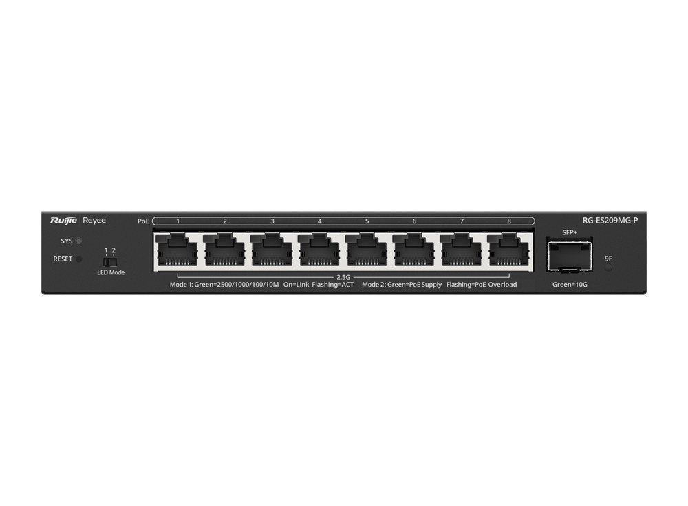 Mặt trước switch Ruijie RG-ES209MG-P gồm 8 cổng RJ45 2.5G và một khe SFP+ 10G