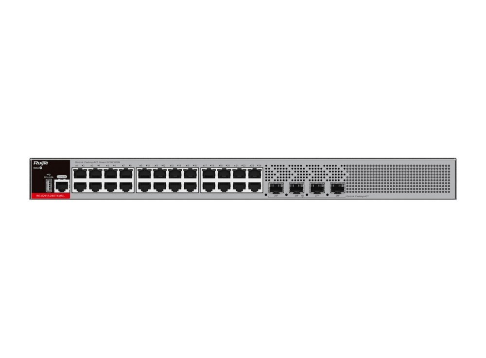 Mặt trước switch Ruijie RG-S2915-24GT4MS-L với 24 cổng Gigabit và 4 khe SFP nhận module 1GE hoặc 2.5GE