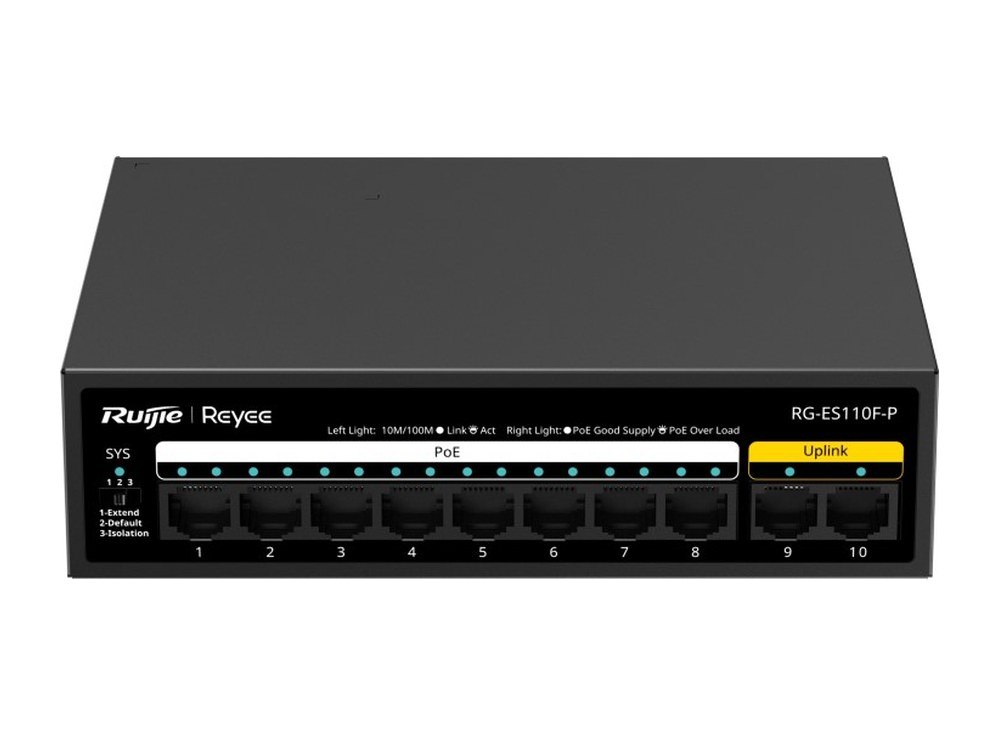 Mặt trước switch PoE Ruijie RG-ES110F-P với công tắc DIP chọn chế độ Default, Extend, Isolation