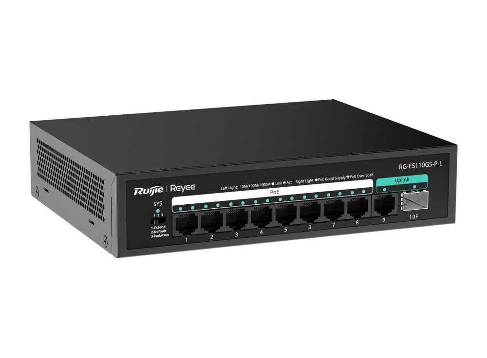 Switch PoE Ruijie RG-ES110GS-P-L nhìn chéo, 9 cổng Gigabit và 1 cổng SFP