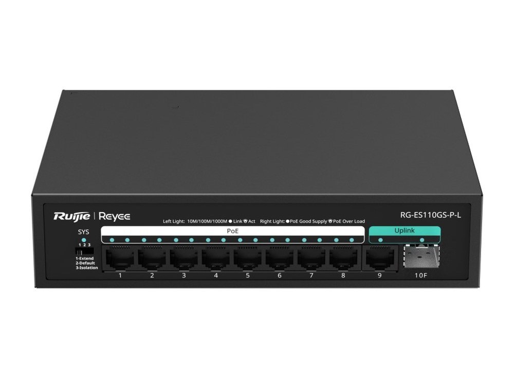 Mặt trước switch PoE không quản lý Ruijie RG-ES110GS-P-L 9 cổng Gigabit và 1 cổng SFP