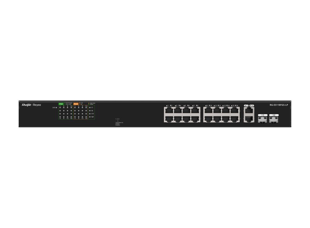 Mặt trước switch PoE Ruijie RG-ES118FGS-LP với đèn PoE Status, đèn cổng và 2 cổng combo