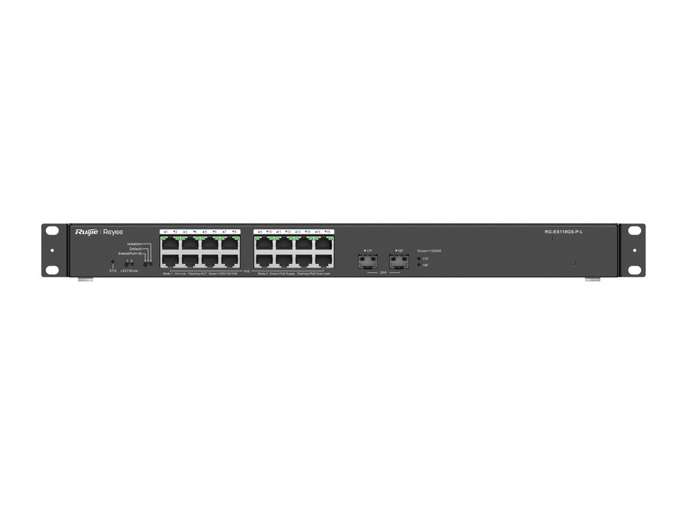 Switch PoE Ruijie RG-ES118GS-P-L 16 cổng gắn rack, mặt trước có công tắc Work Mode và công tắc LED Mode
