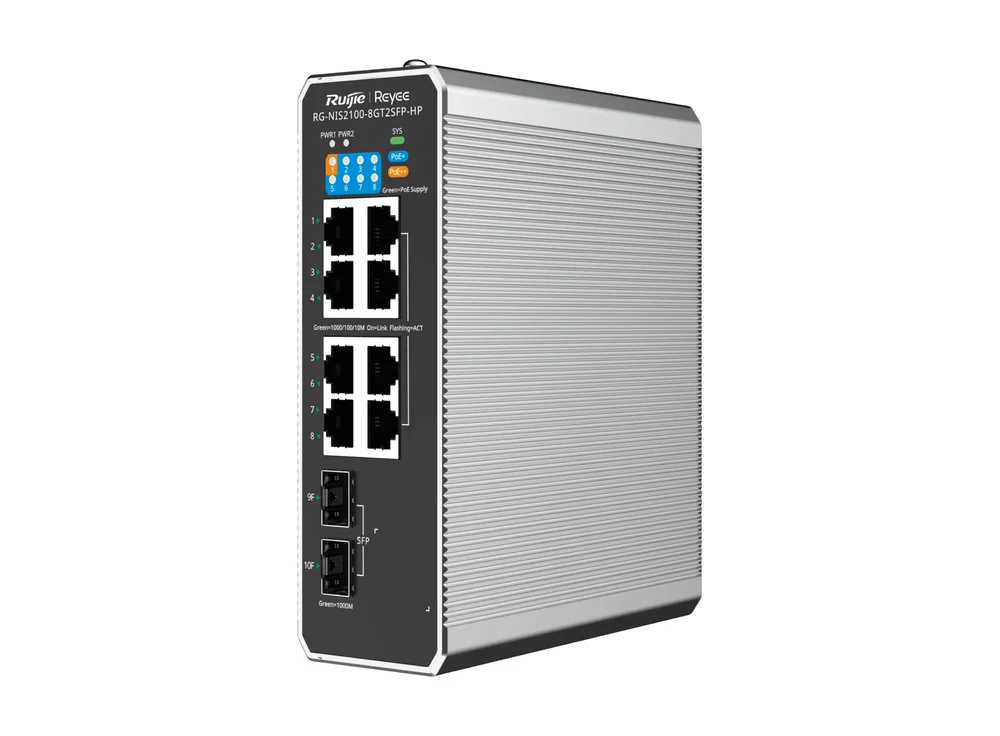 Ruijie RG-NIS2100-8GT2SFP-HP, switch công nghiệp 10 cổng, ảnh hãng chụp chéo phía trước