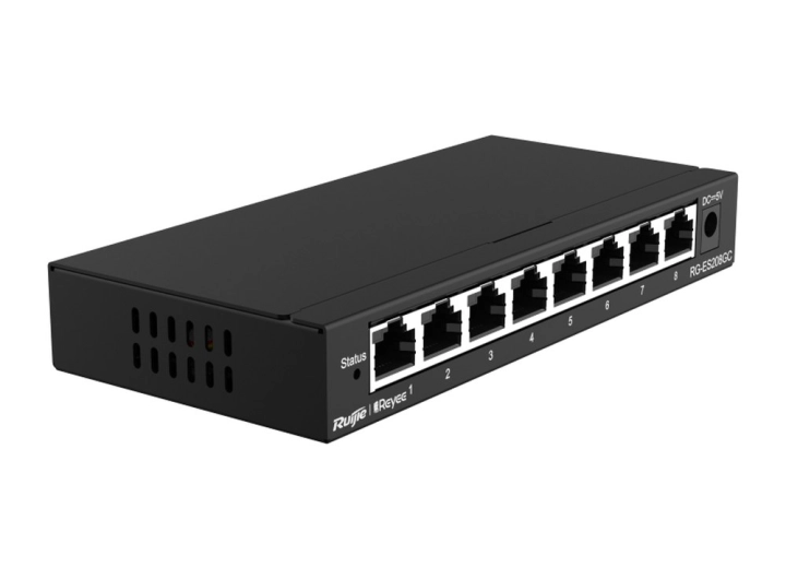 Switch Ruijie RG-ES208GC 8 cổng Gigabit nhìn chéo từ bên trái, ảnh hãng