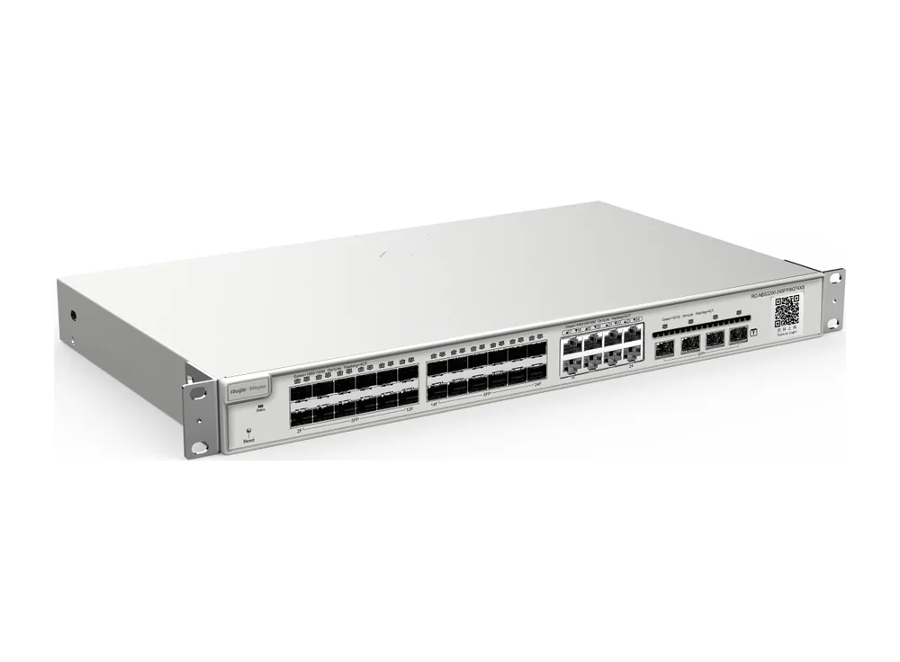 RG-NBS3200-24SFP/8GT4XS nhìn chéo từ bên trái, ảnh hãng