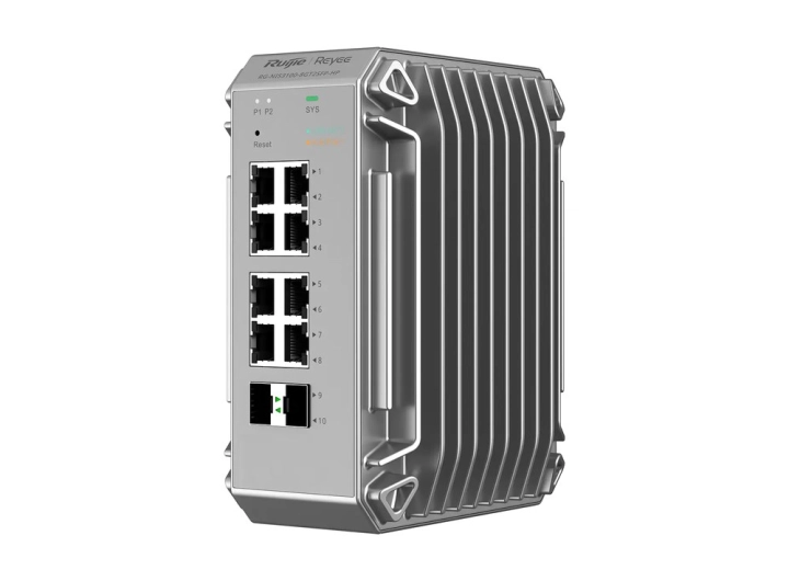 Ruijie RG-NIS3100-8GT2SFP-HP, switch công nghiệp 8 cổng PoE+, ảnh hãng nhìn chéo phía trước
