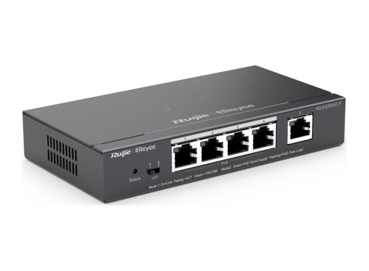 RG-ES205GC-P nhìn chéo từ bên trái, ảnh hãng Ruijie