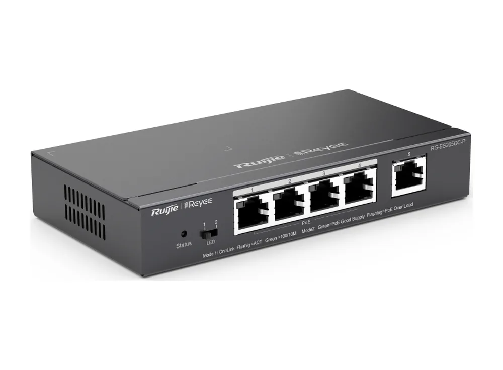 RG-ES205GC-P nhìn chéo từ bên trái, ảnh hãng Ruijie