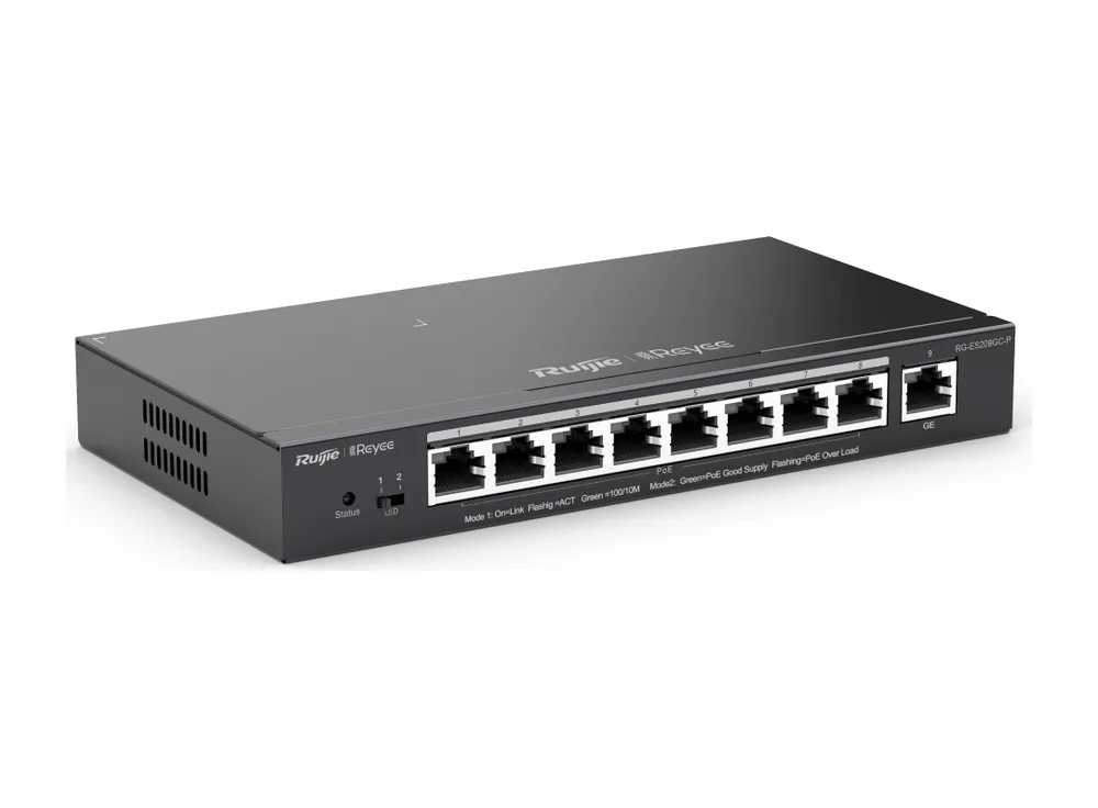 RG-ES209GC-P nhìn chéo từ bên trái, ảnh hãng Ruijie