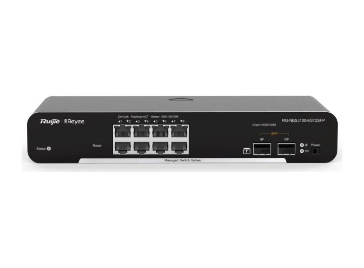 Switch Reyee RG-NBS3100-8GT2SFP nhìn từ phía trước, góc cao