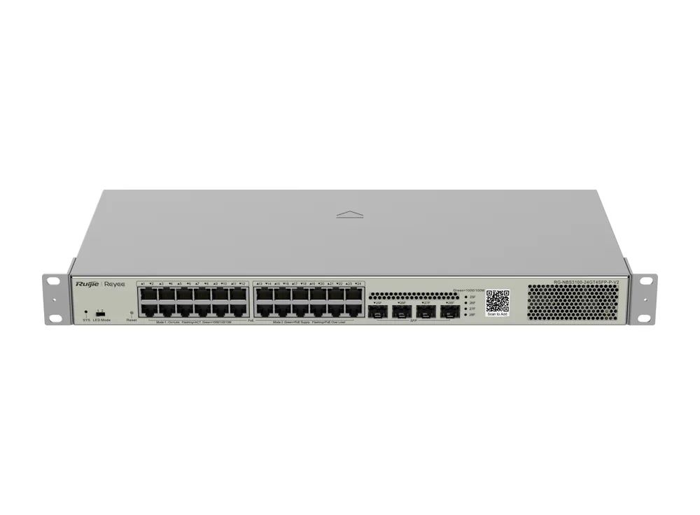 RG-NBS3100-24GT4SFP-P-V2 nhìn từ phía trước, góc cao, ảnh hãng