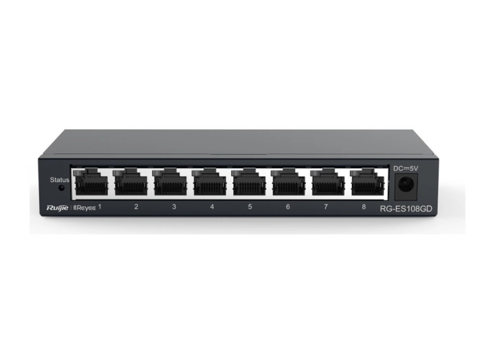 Mặt trước RG-ES108GD nhìn từ góc cao, ảnh hãng Ruijie