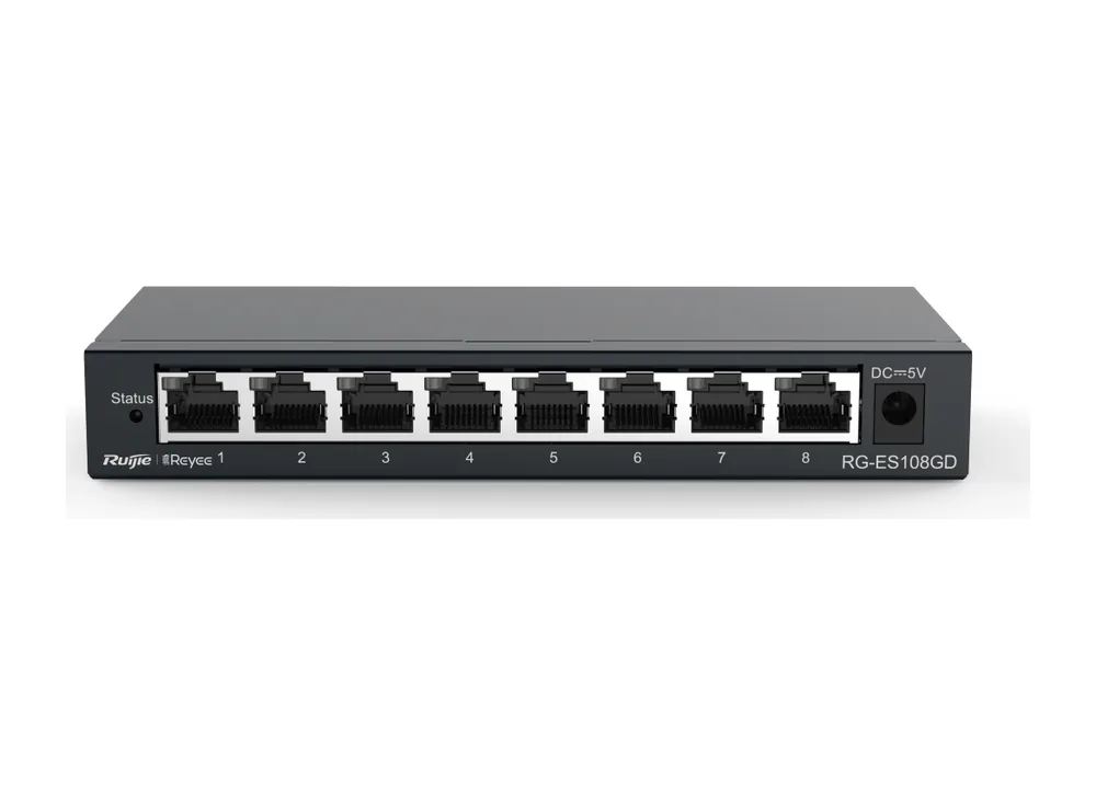 Mặt trước RG-ES108GD nhìn từ góc cao, ảnh hãng Ruijie