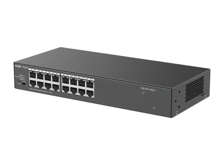 Switch Ruijie RG-ES116G-L 16 cổng Gigabit, ảnh hãng nhìn chéo bên trái