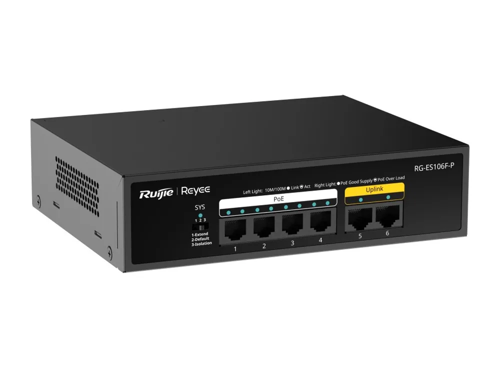 Switch PoE Ruijie RG-ES106F-P 6 cổng 10/100 Mbps, ảnh hãng nhìn chéo