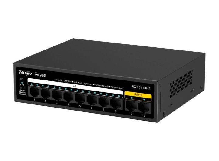 Switch PoE Ruijie RG-ES110F-P 10 cổng 10/100 Mbps, ảnh hãng nhìn chéo