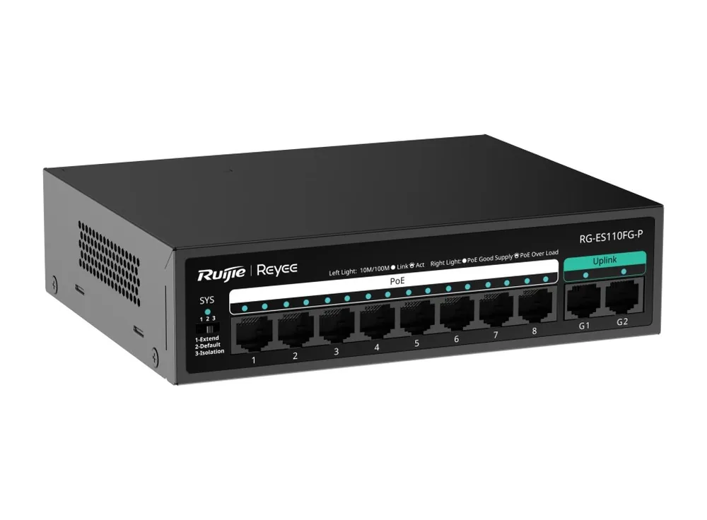 Switch PoE Ruijie RG-ES110FG-P 8 cổng 10/100 và 2 cổng Gigabit, ảnh hãng nhìn chéo