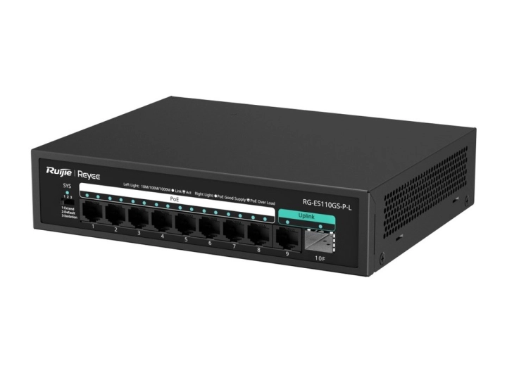 Switch PoE Ruijie RG-ES110GS-P-L 9 cổng Gigabit và 1 khe SFP, ảnh hãng nhìn chéo
