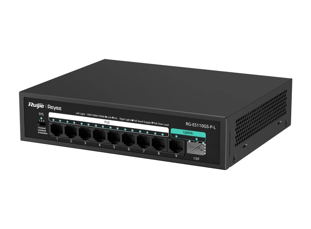 Switch PoE Ruijie RG-ES110GS-P-L 9 cổng Gigabit và 1 khe SFP, ảnh hãng nhìn chéo