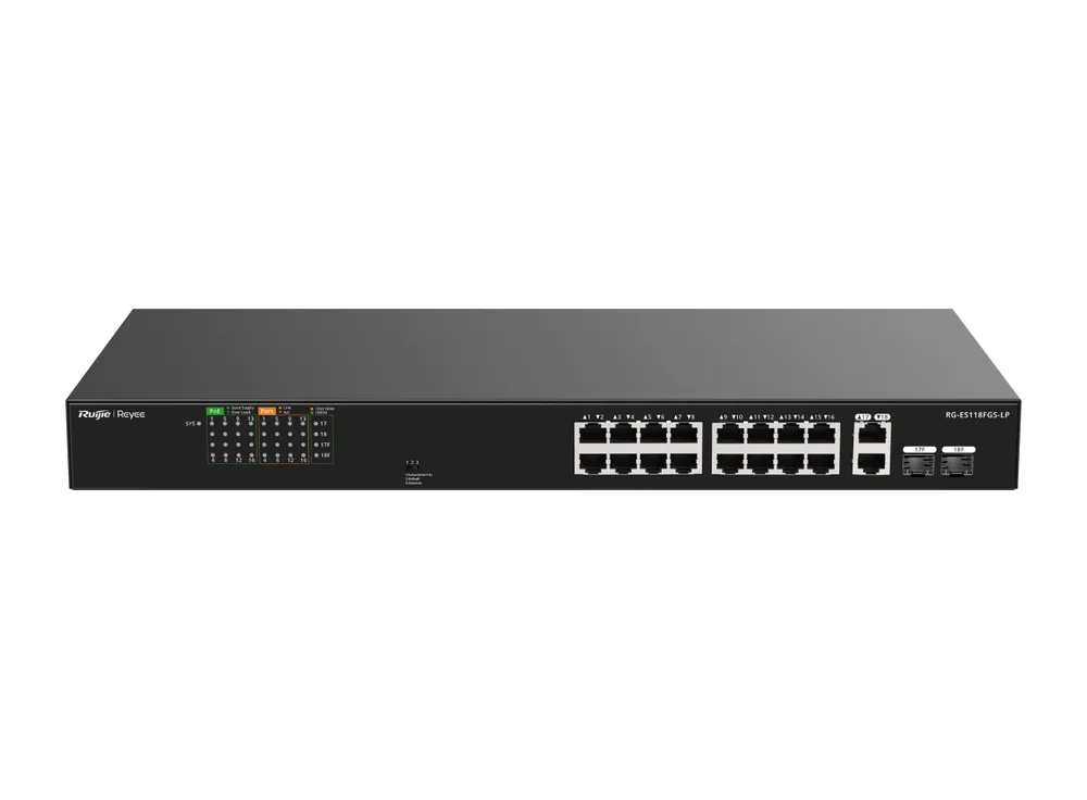 Switch PoE Ruijie RG-ES118FGS-LP 16 cổng 10/100 và 2 cổng combo Gigabit, ảnh hãng nhìn chéo