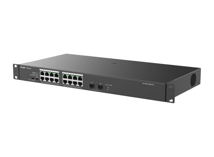 Switch PoE Ruijie RG-ES118GS-P-L 16 cổng Gigabit PoE+ và 2 khe SFP, ảnh hãng nhìn chéo