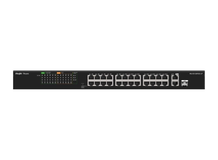 Mặt trước RG-ES126FGS-LP nhìn thẳng, ảnh hãng Ruijie
